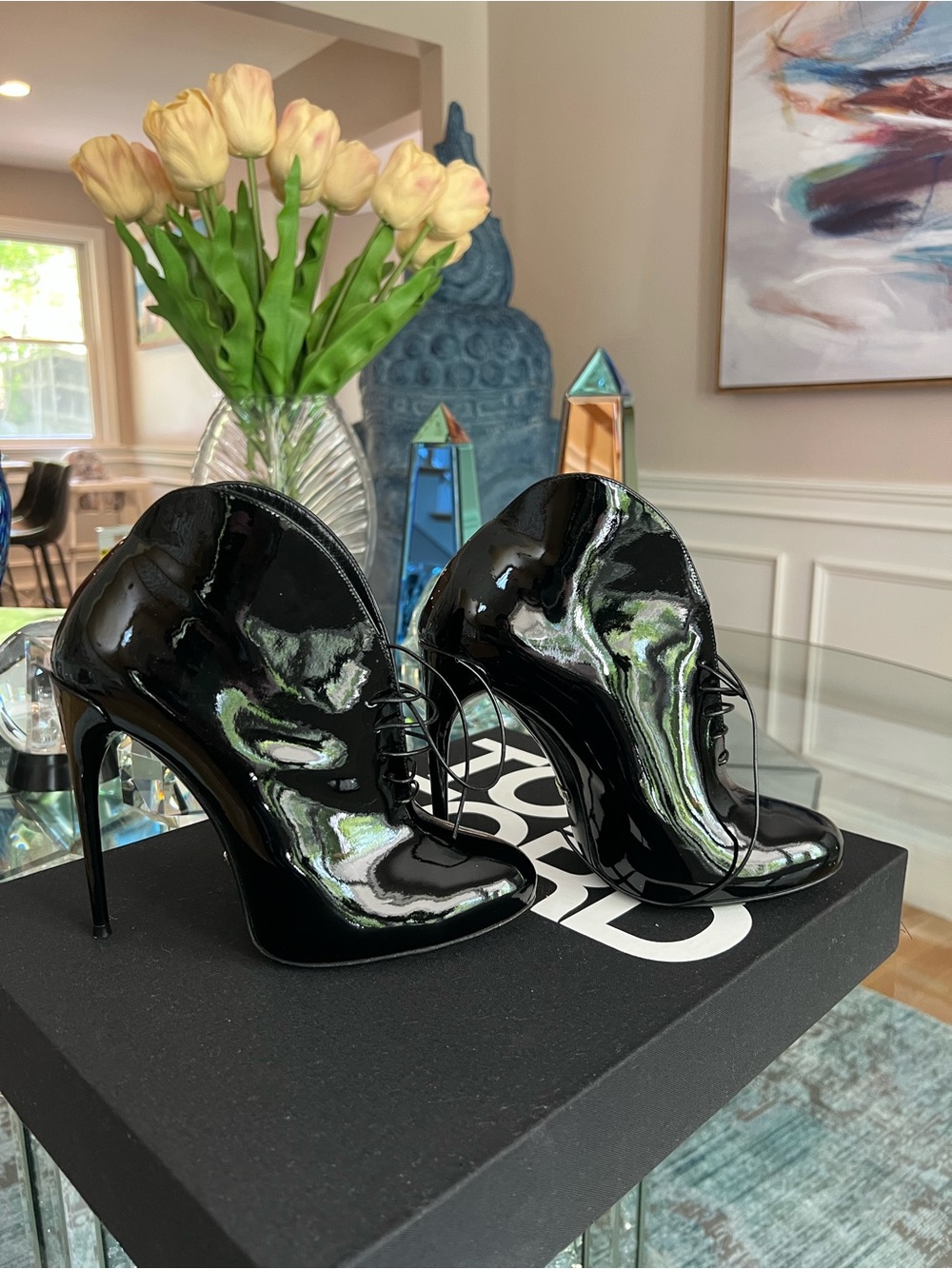 Gucci Black Patent Leather Lace-Up High Heel Booties